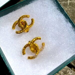 Vintage Chanel Logo clip on earrings authentic Chanel gold tone